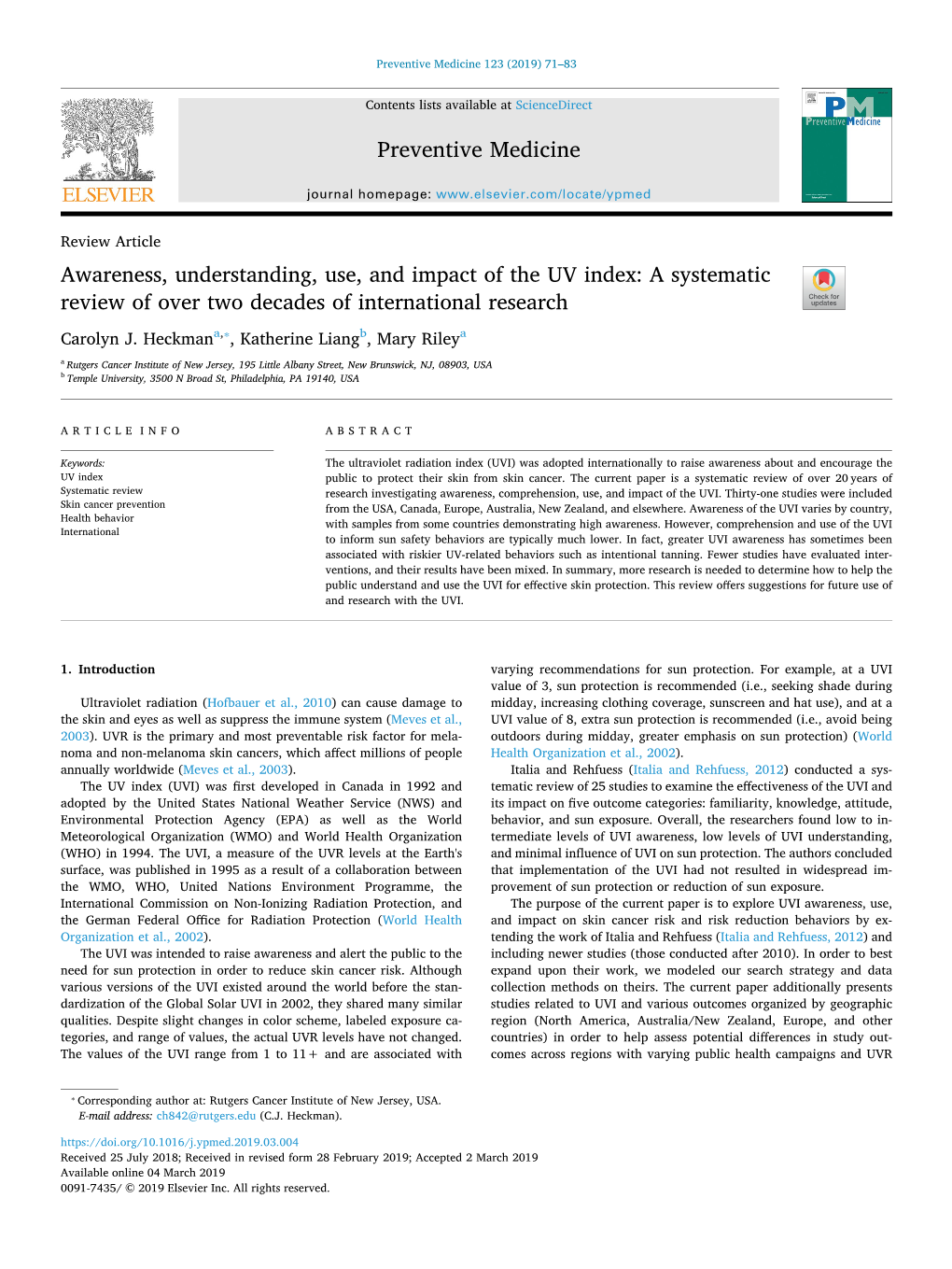 Awareness, Understanding, Use, and Impact of the UV Index A