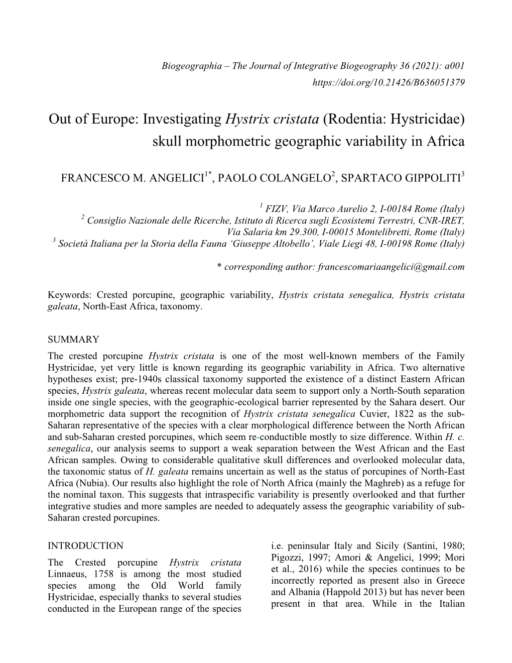 Out of Europe: Investigating Hystrix Cristata (Rodentia: Hystricidae) Skull Morphometric Geographic Variability in Africa