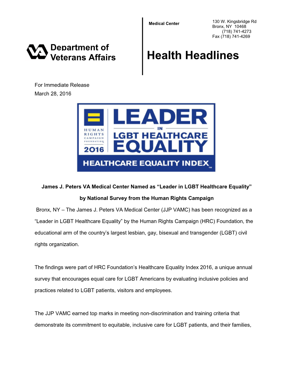 JJPVAMC Named Leader in LGBT