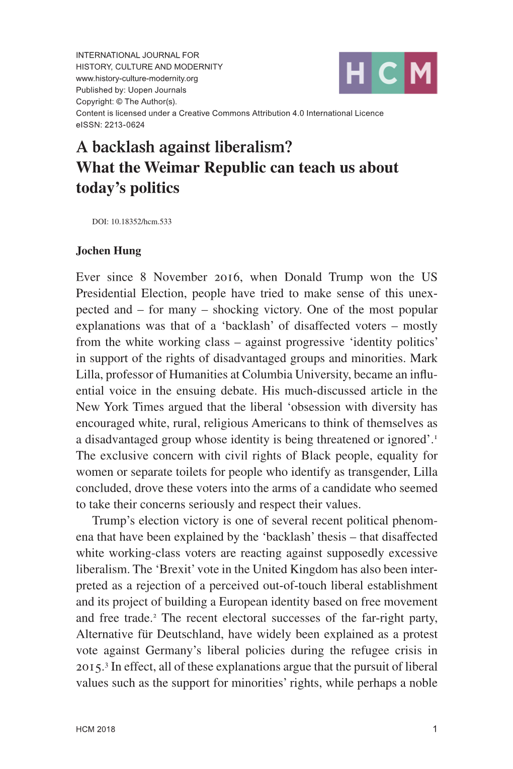 A Backlash Against Liberalism? What the Weimar Republic Can Teach Us About Today’S Politics