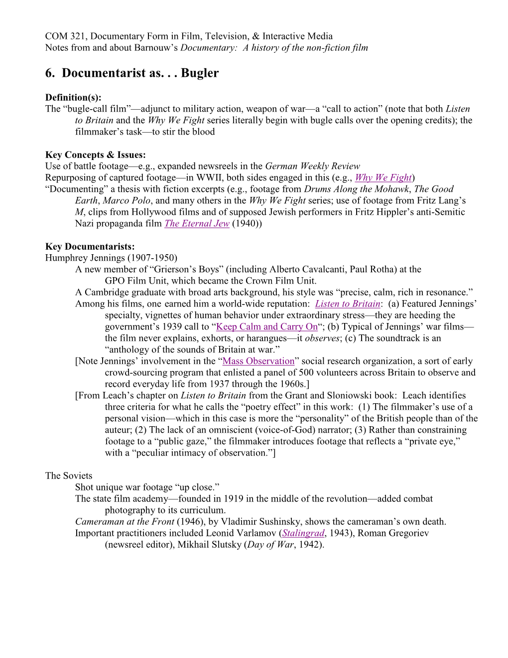 COM 321, Documentary Form in Film & Television