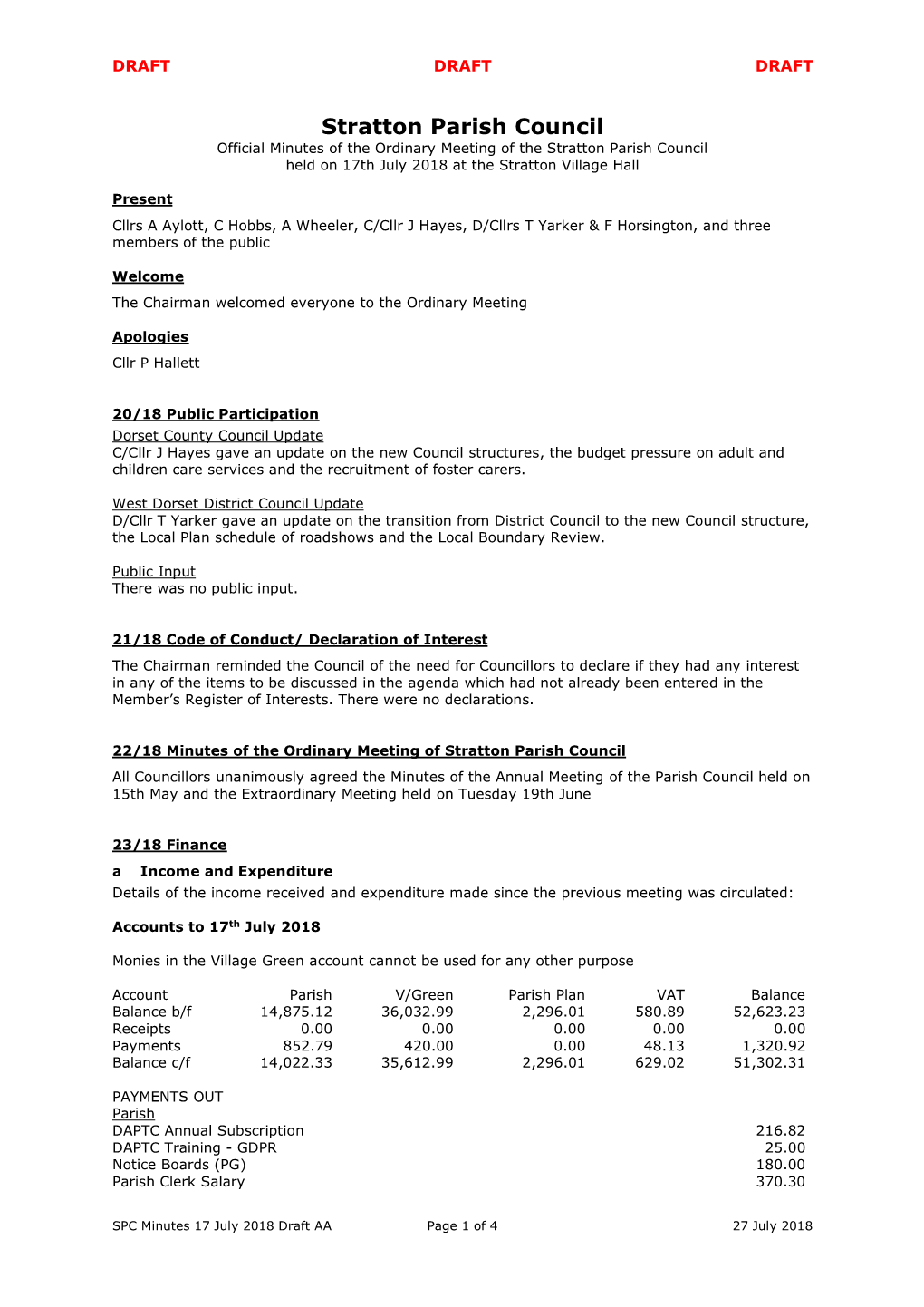 Stratton Parish Council Official Minutes of the Ordinary Meeting of the Stratton Parish Council Held on 17Th July 2018 at the Stratton Village Hall