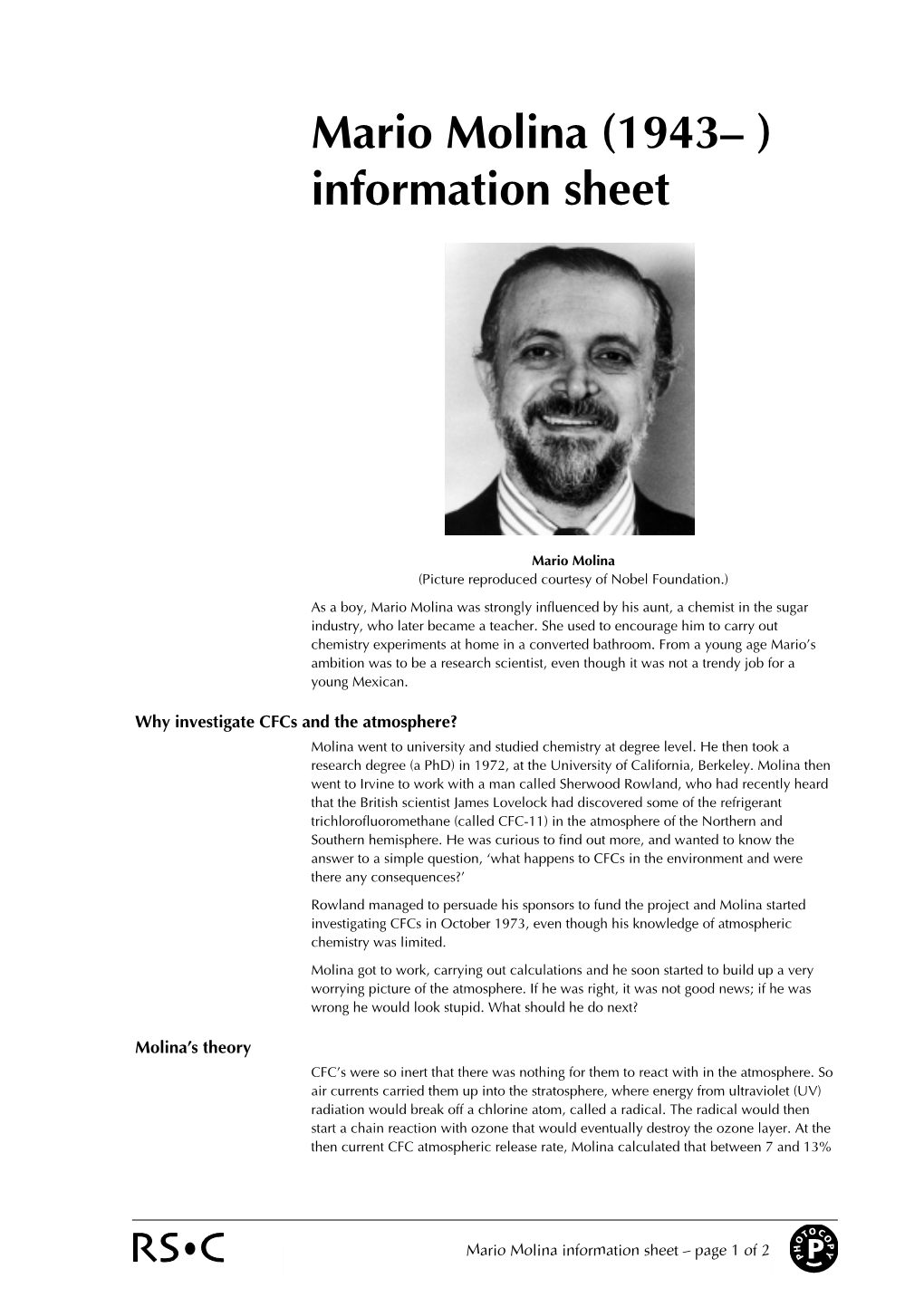 Mario Molina (1943– ) Information Sheet