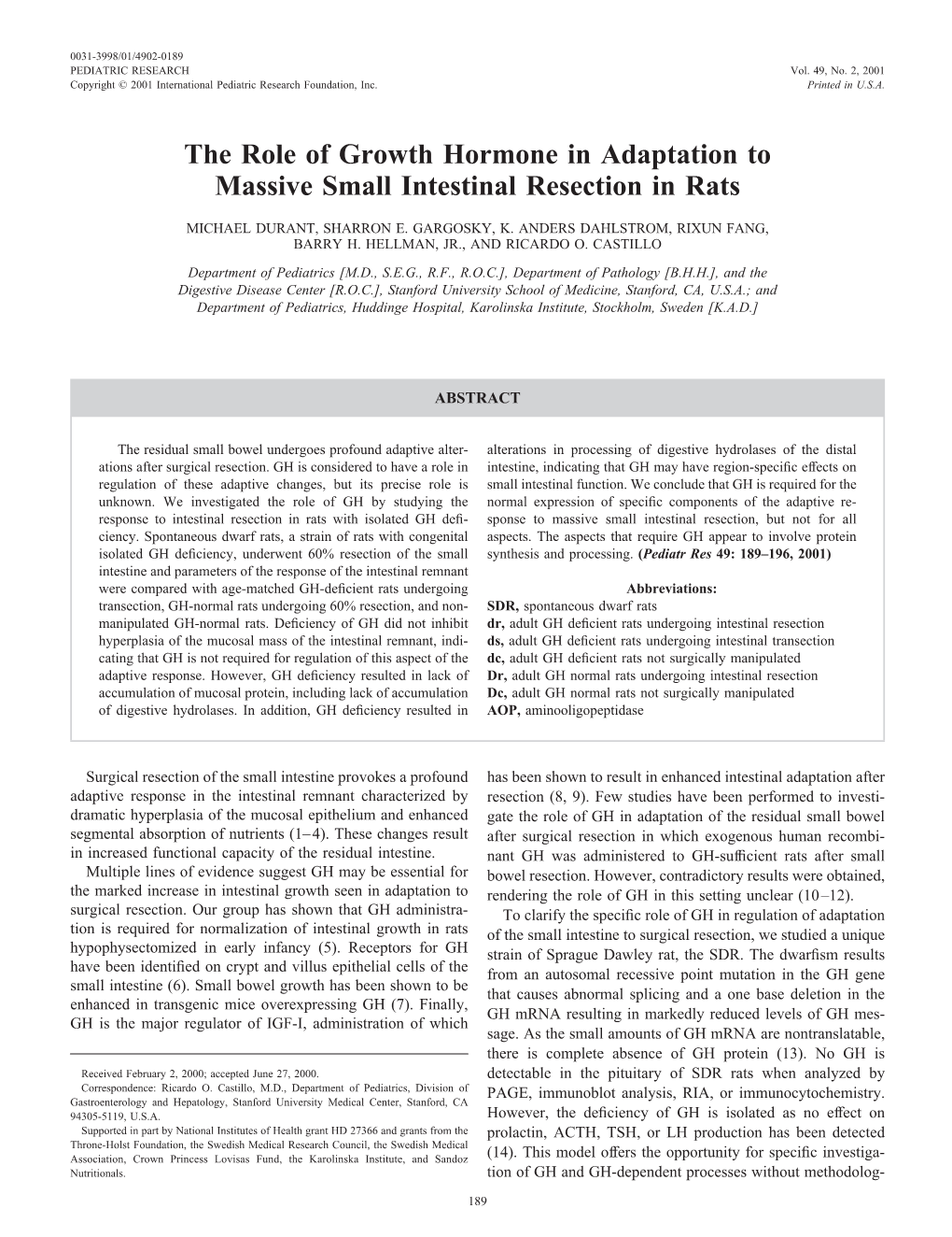 The Role of Growth Hormone in Adaptation to Massive Small Intestinal Resection in Rats