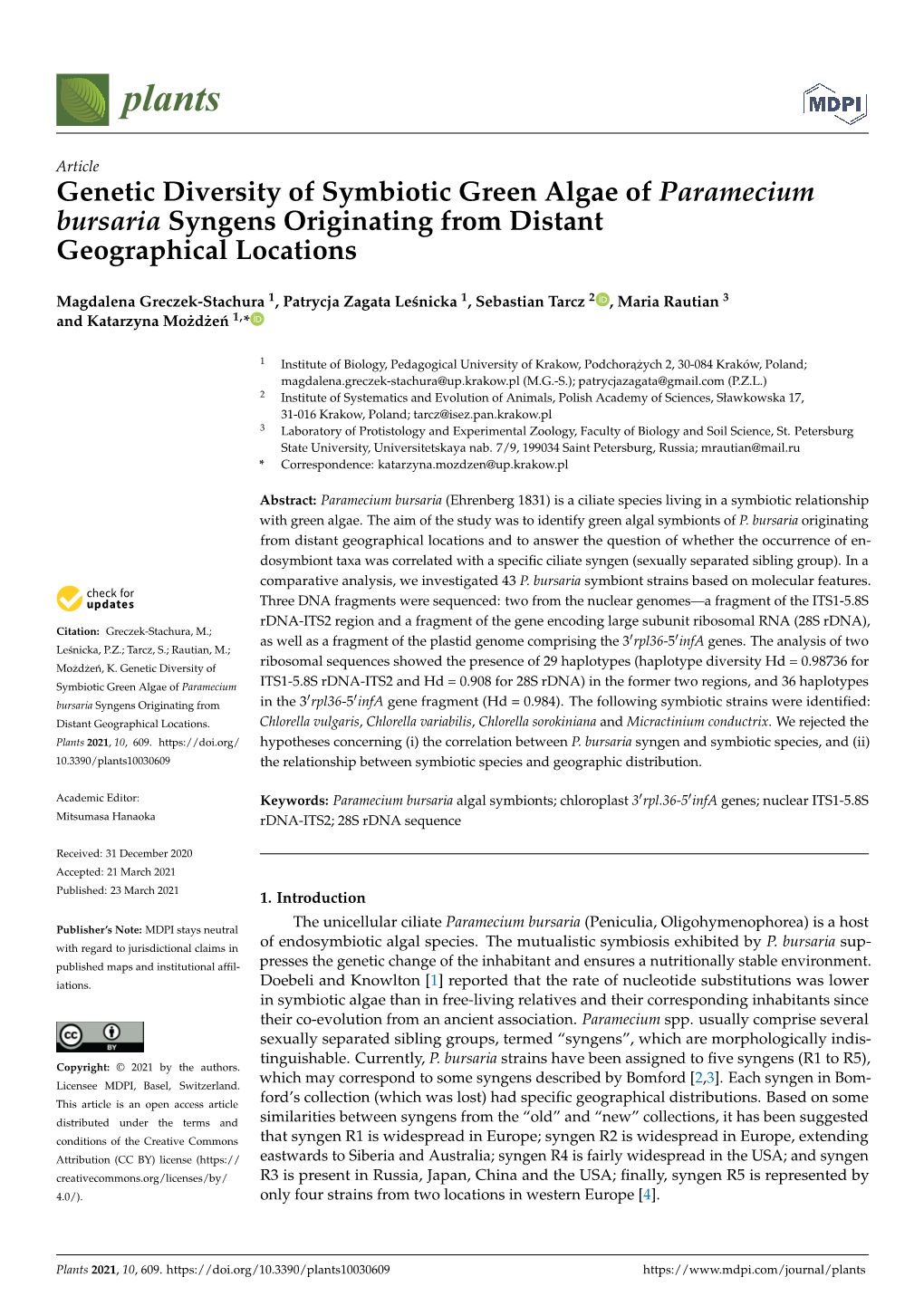 Genetic Diversity of Symbiotic Green Algae of Paramecium Bursaria Syngens Originating from Distant Geographical Locations