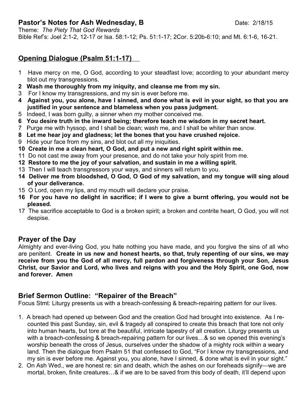 Pastor S Notes for Ash Wednesday, B Date: 2/18/15