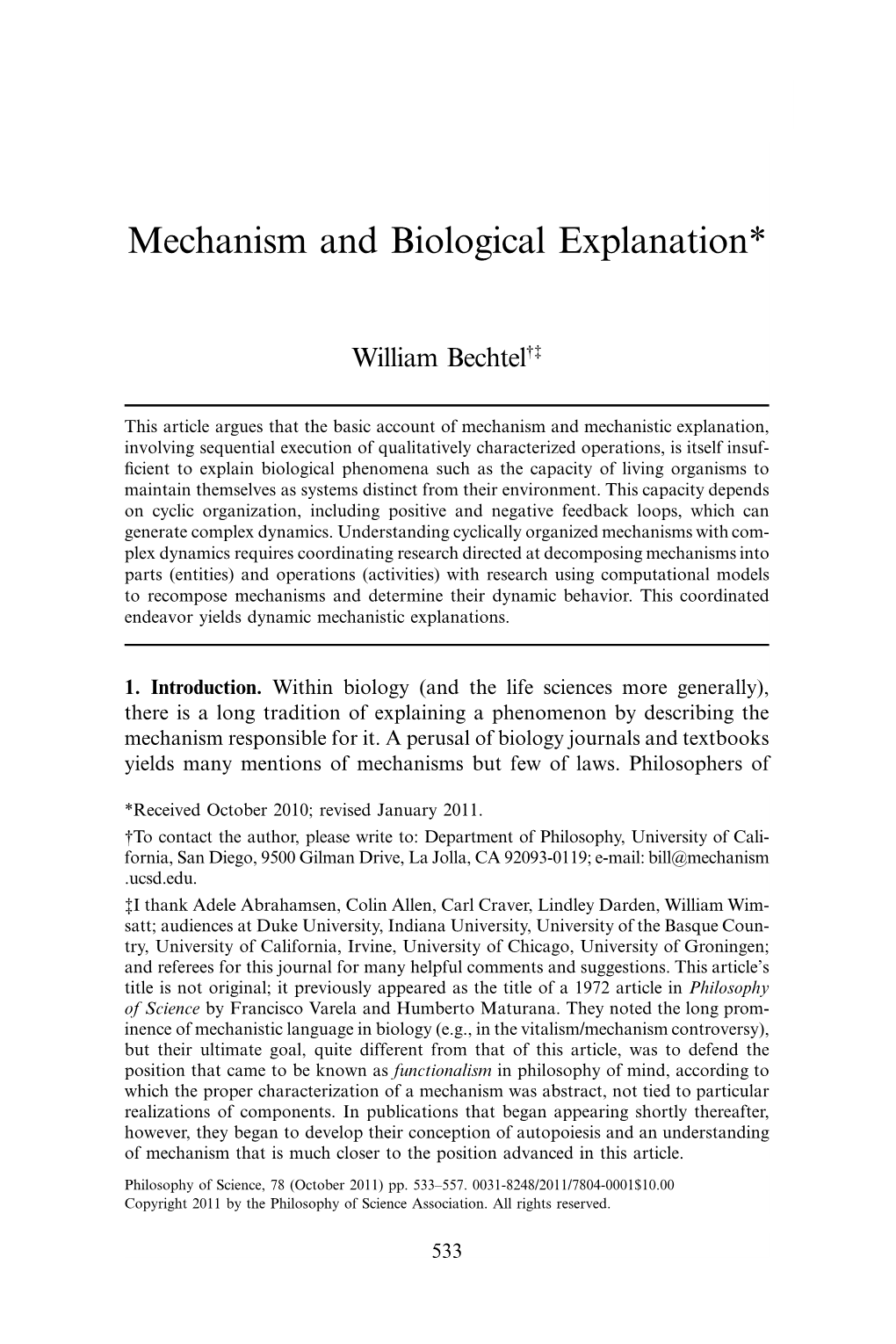 Mechanism and Biological Explanation*