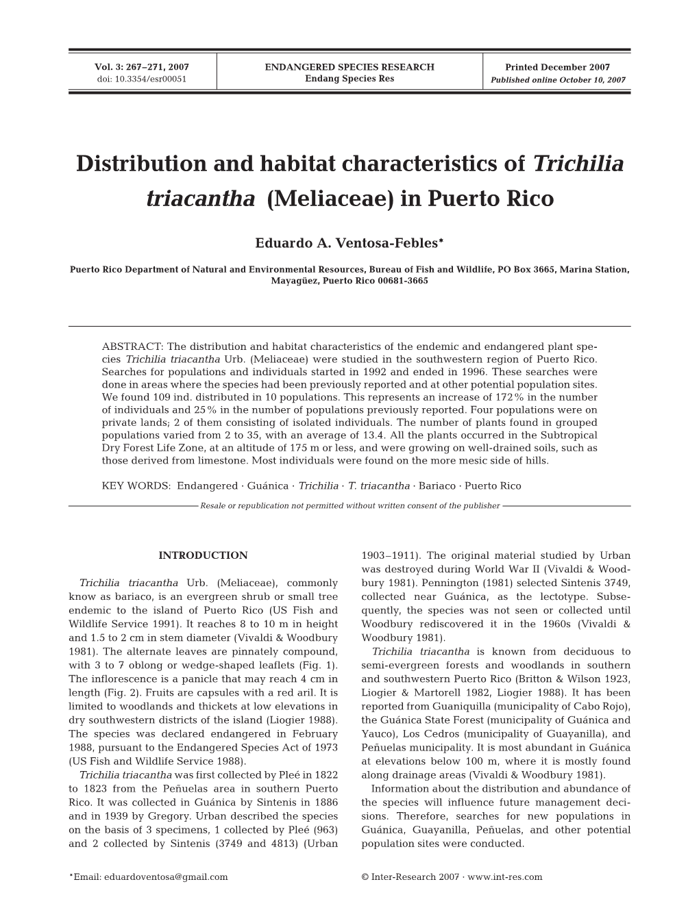 Distribution and Habitat Characteristics of Trichilia Triacantha (Meliaceae) in Puerto Rico