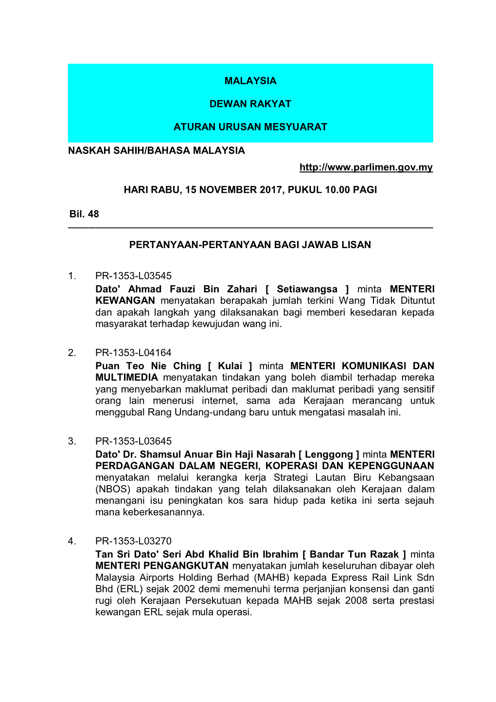 Malaysia Dewan Rakyat Aturan Urusan Mesyuarat