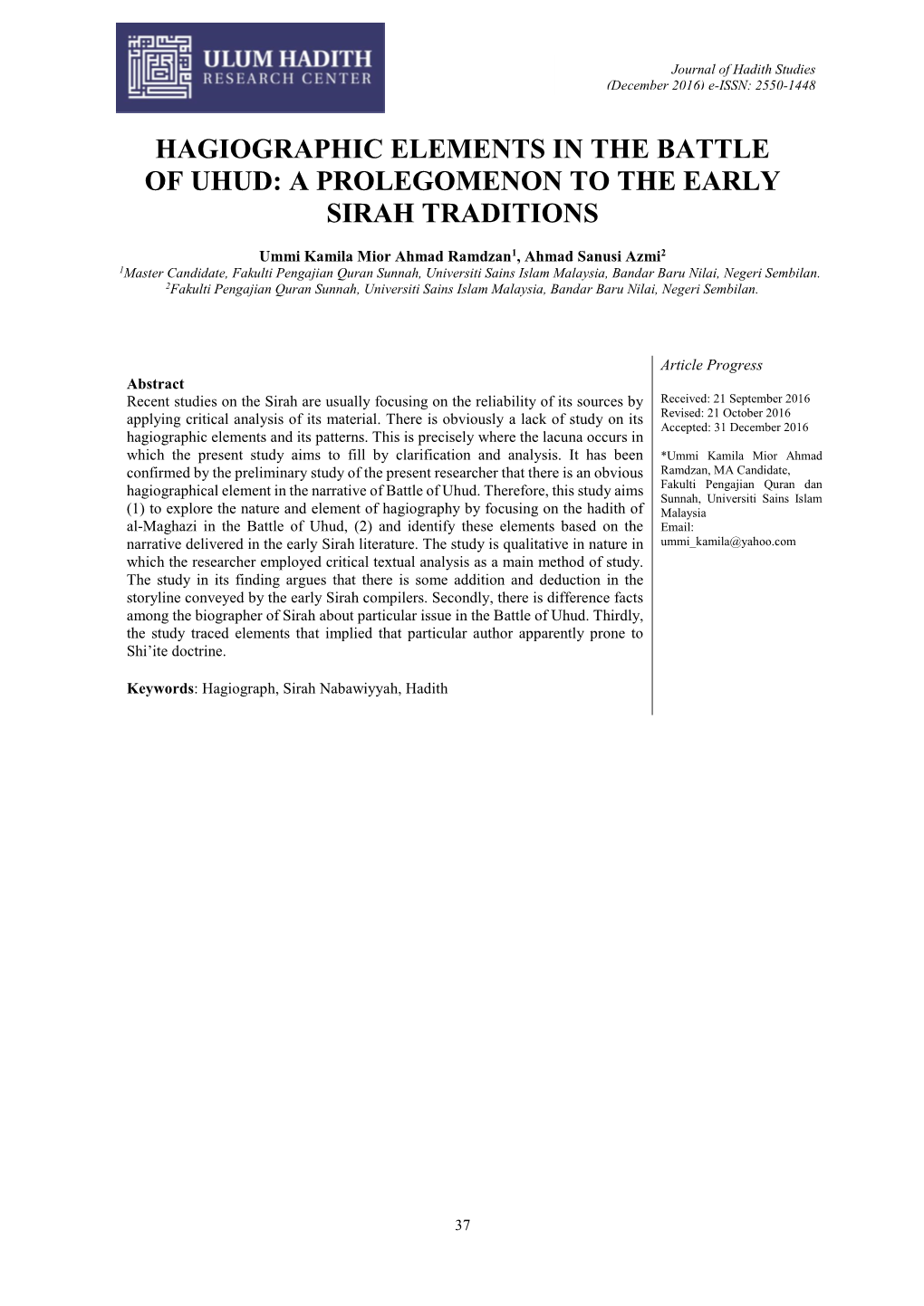 Hagiographic Elements in the Battle of Uhud: a Prolegomenon to the Early Sirah Traditions