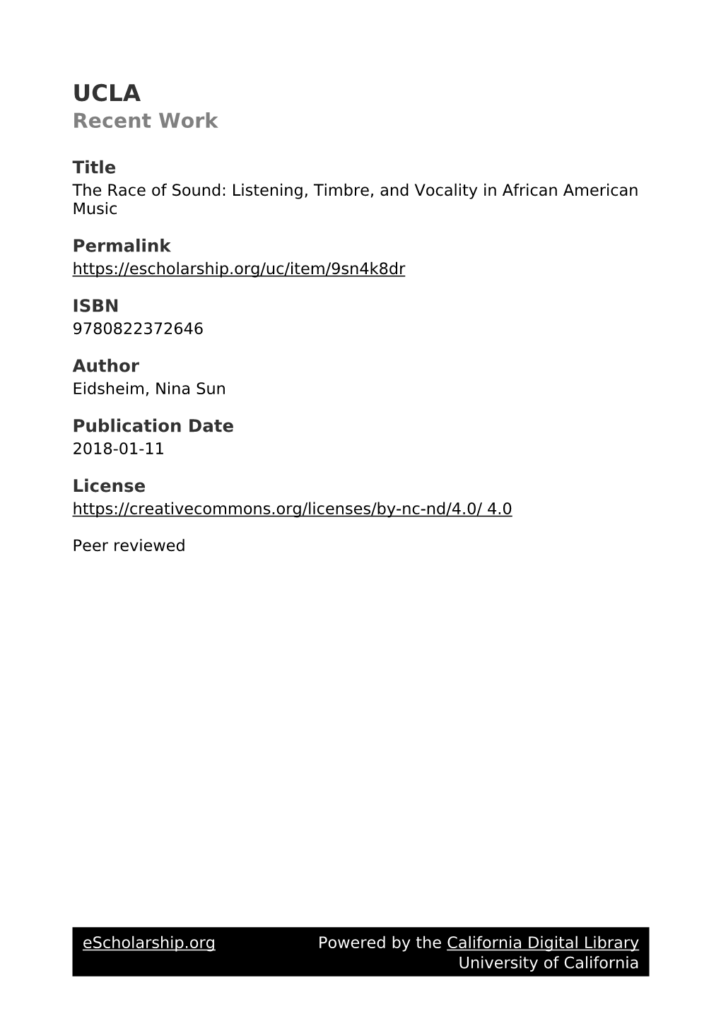 The Race of Sound: Listening, Timbre, and Vocality in African American Music