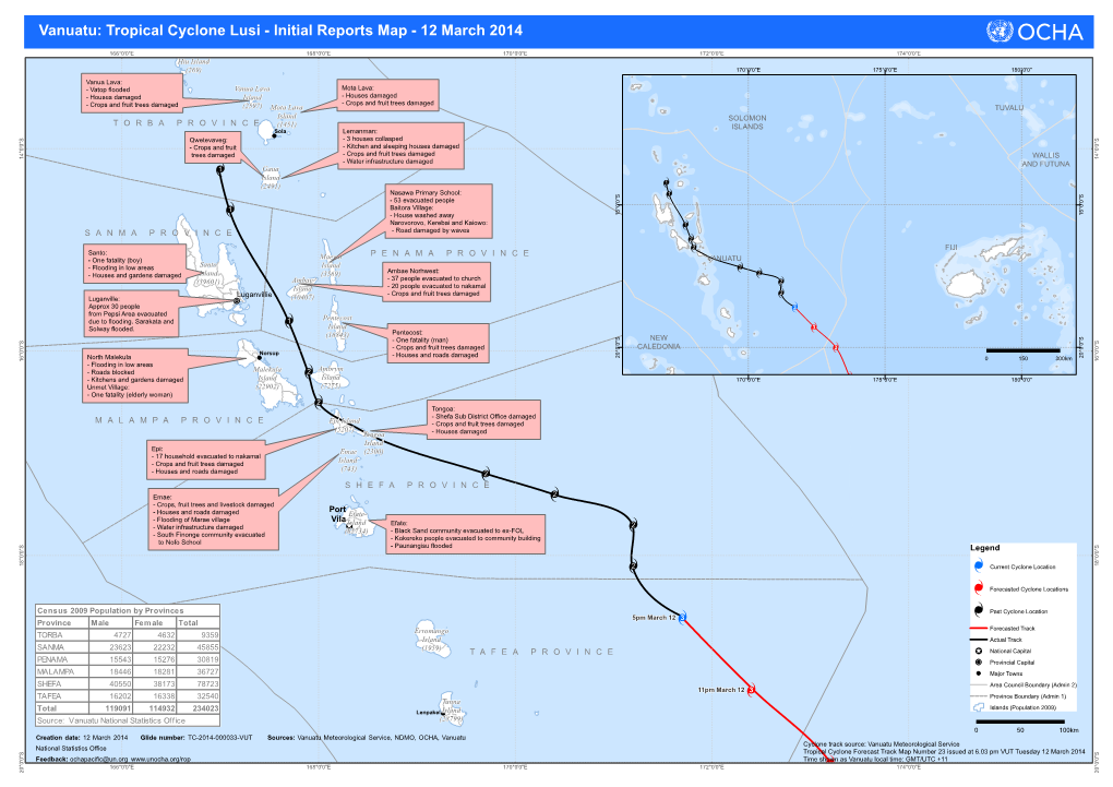 Vanuatu: Tropical Cyclone Lusi - Initial Reports Map - 12 March 2014