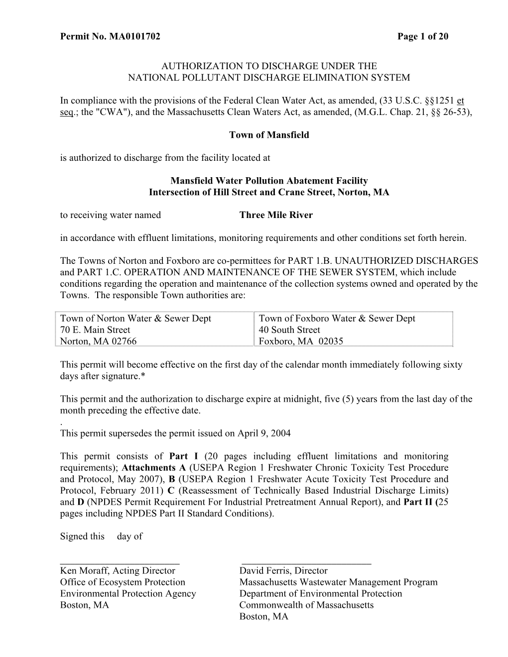 Town of Mansfield, Draft Permit, MA0101702