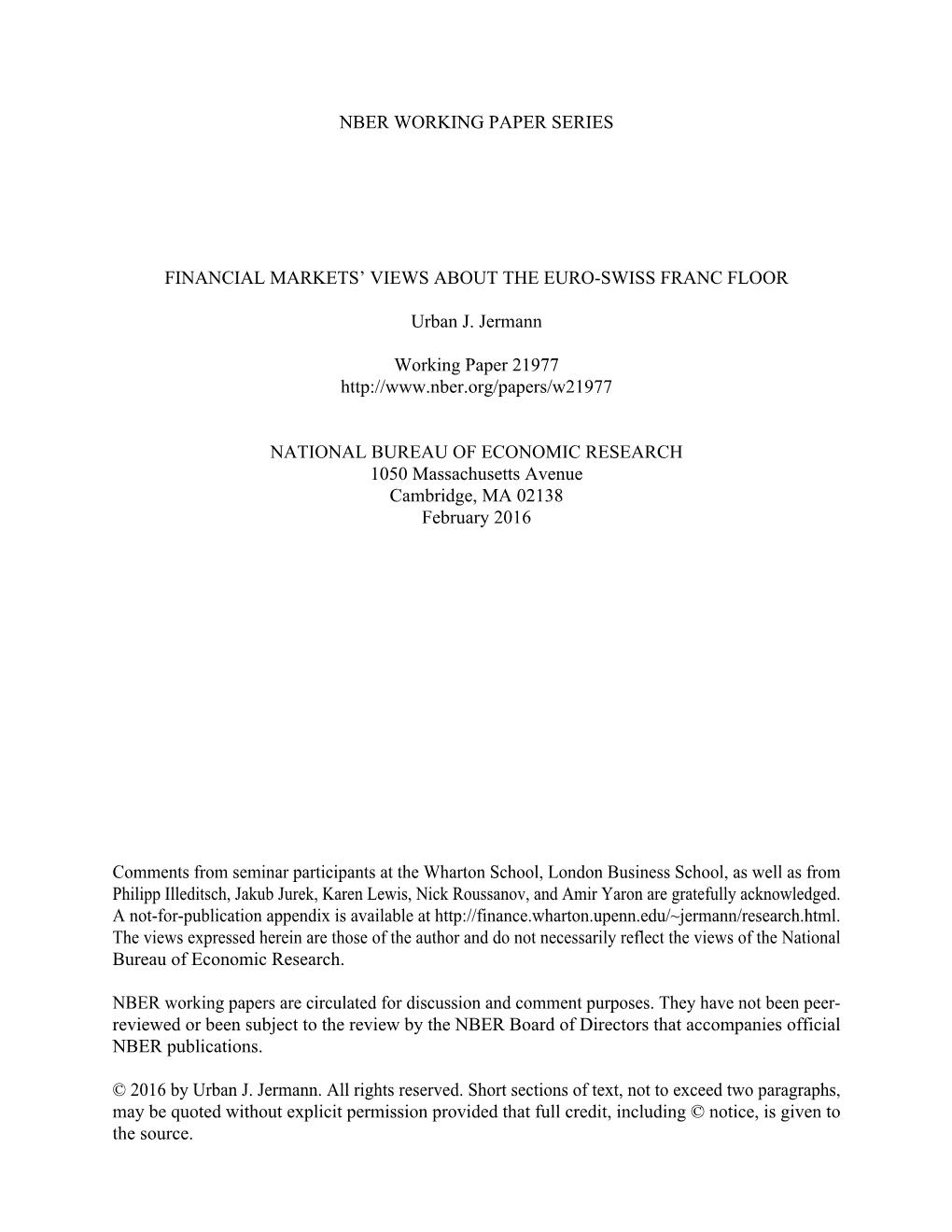 Nber Working Paper Series Financial Markets' Views