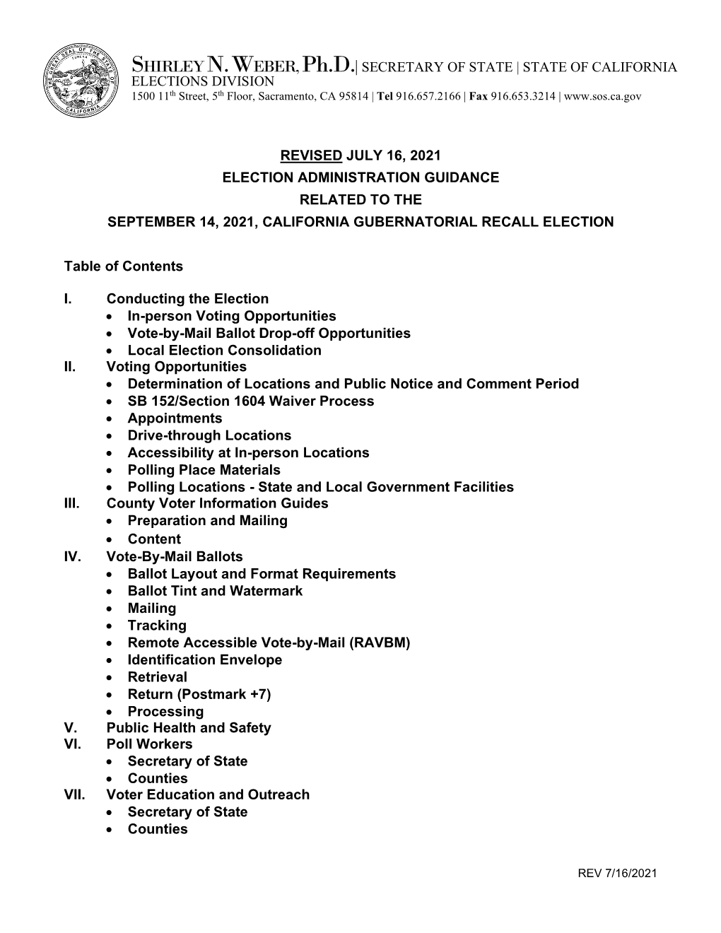 California Gubernatorial Recall Election Administration Guidance