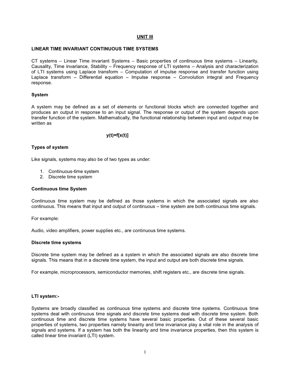 Linear Time Invariant Systems