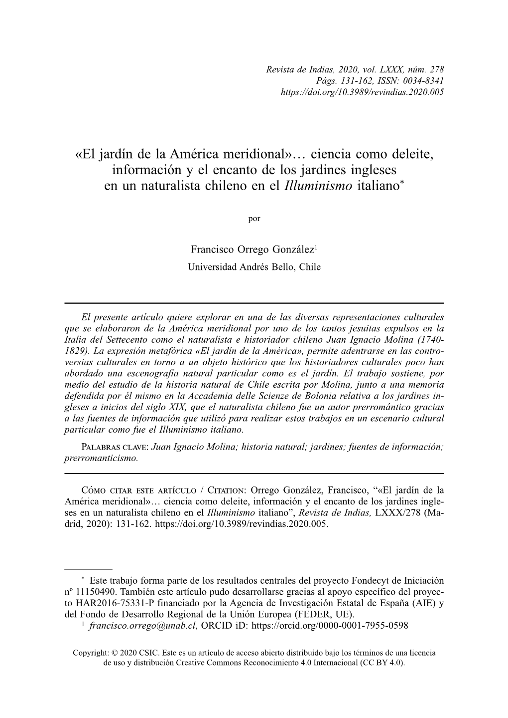 El Jardín De La América Meridional»… Ciencia Como Deleite, Información Y El Encanto De Los Jardines Ingleses En Un Naturalista Chileno En El Illuminismo Italiano*