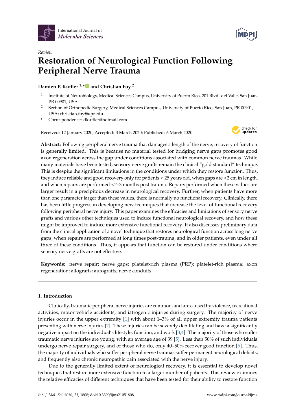 Restoration of Neurological Function Following Peripheral Nerve Trauma