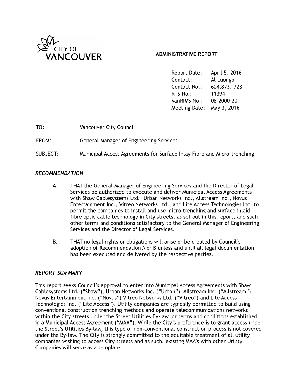 Access Agreements Surface Inlay Fibre: 2016 May