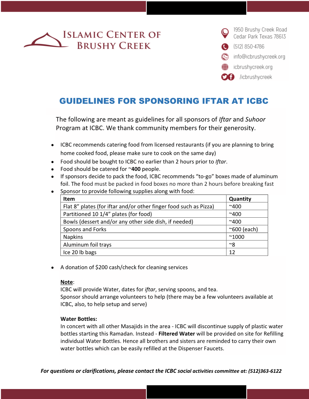 Guidelines for Sponsoring Iftar at Icbc