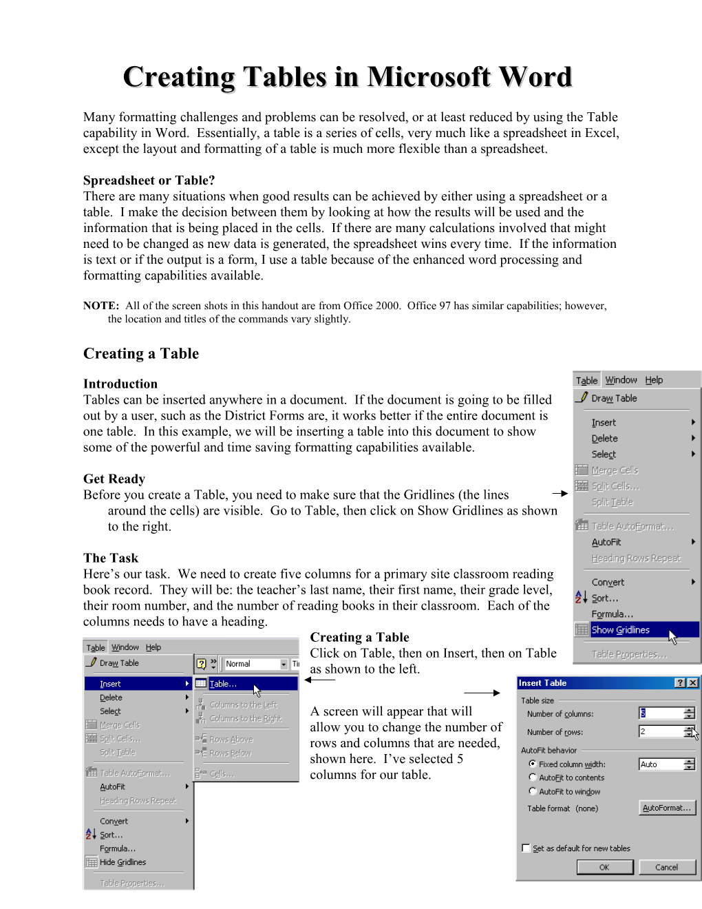 Creating Tables in Microsoft Word