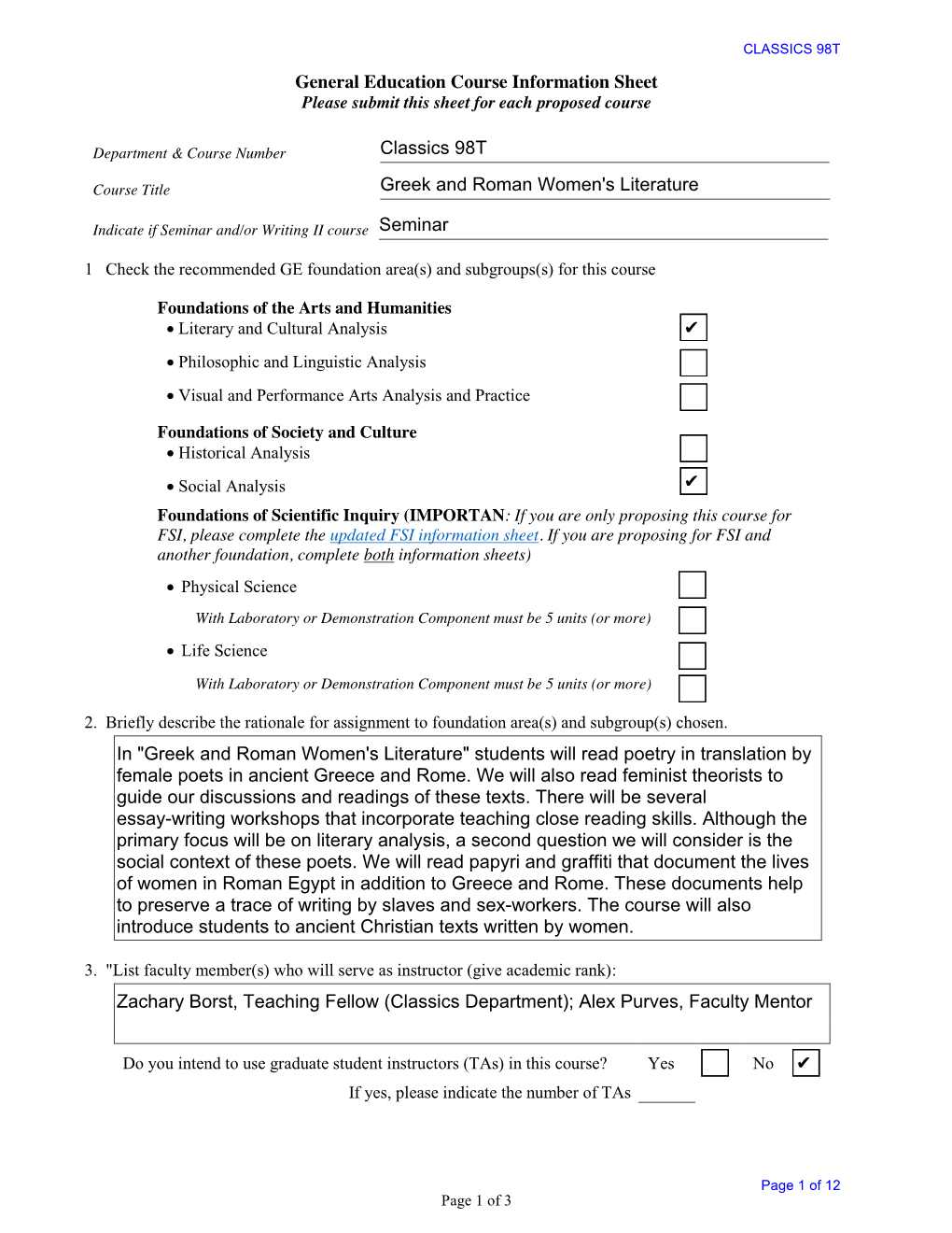 CLASSICS 98T General Education Course Information Sheet Please Submit This Sheet for Each Proposed Course