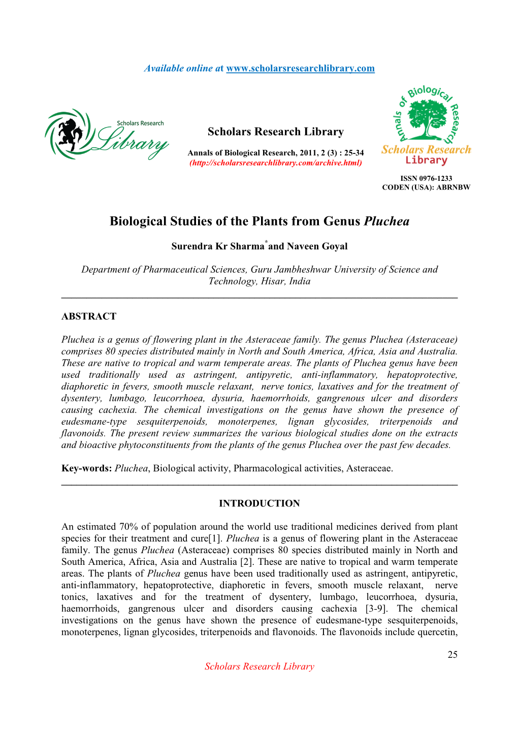 Biological Studies of the Plants from Genus Pluchea