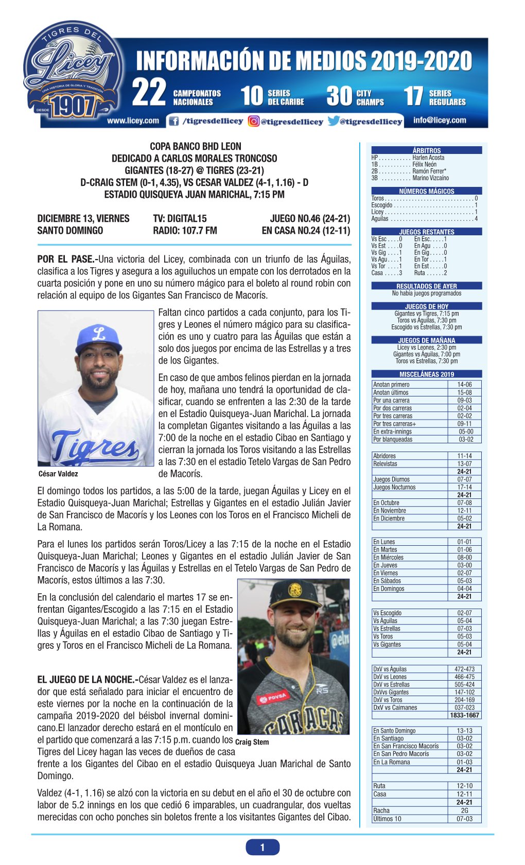 1 POR EL PASE.-Una Victoria Del Licey, Combinada Con Un Triunfo De Las Águilas, Clasifica a Los Tigres Y Asegura a Los Aguiluch