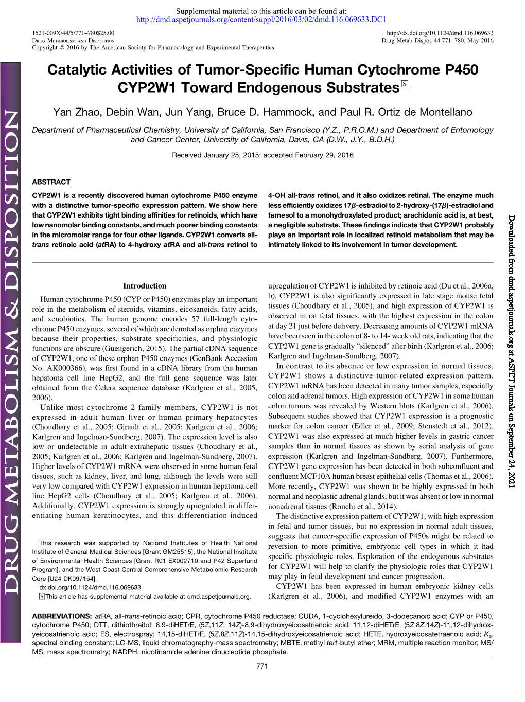 Catalytic Activities of Tumor-Specific Human Cytochrome P450 CYP2W1 Toward Endogenous Substrates S