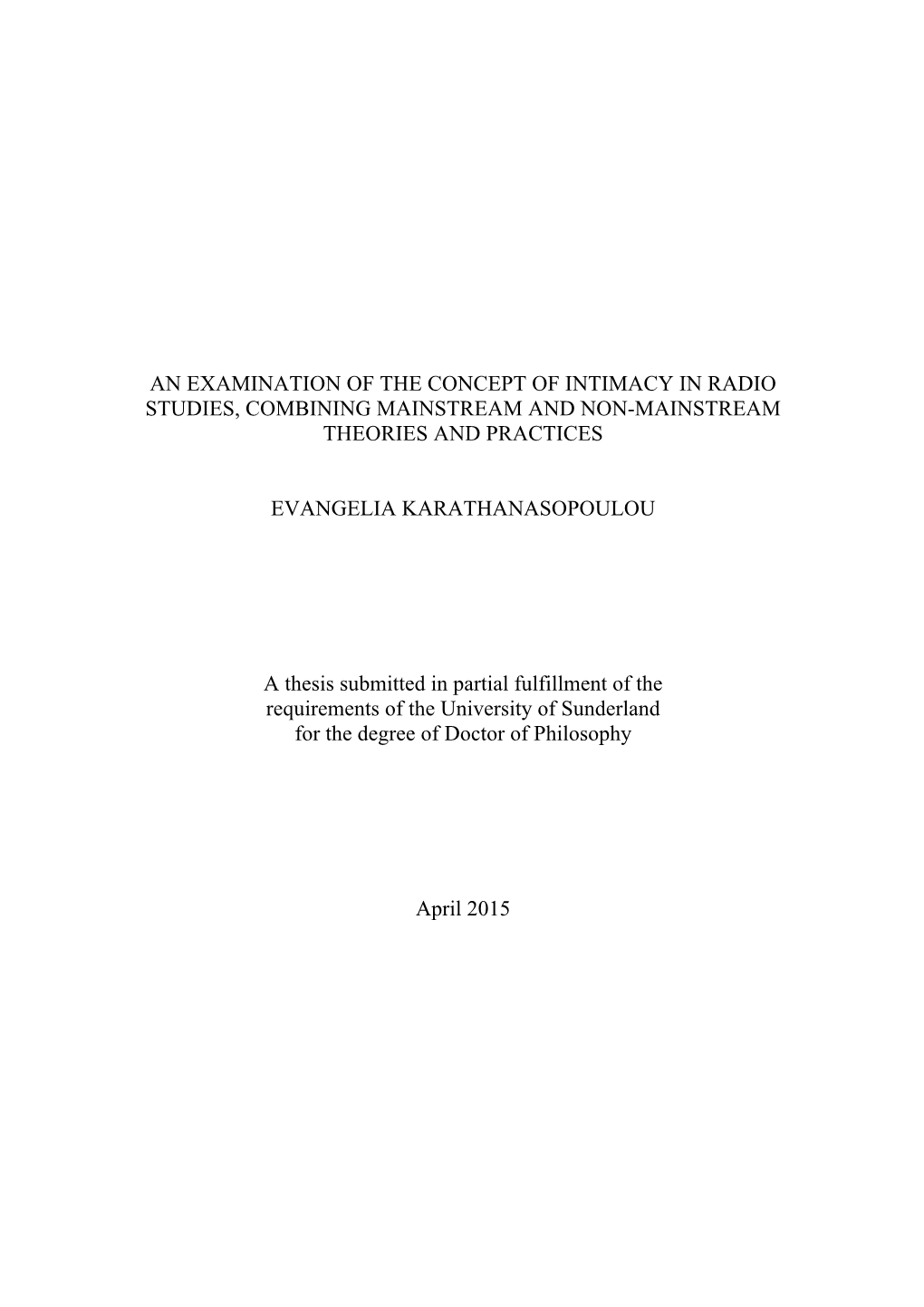 An Examination of the Concept of Intimacy in Radio Studies, Combining Mainstream and Non-Mainstream Theories and Practices