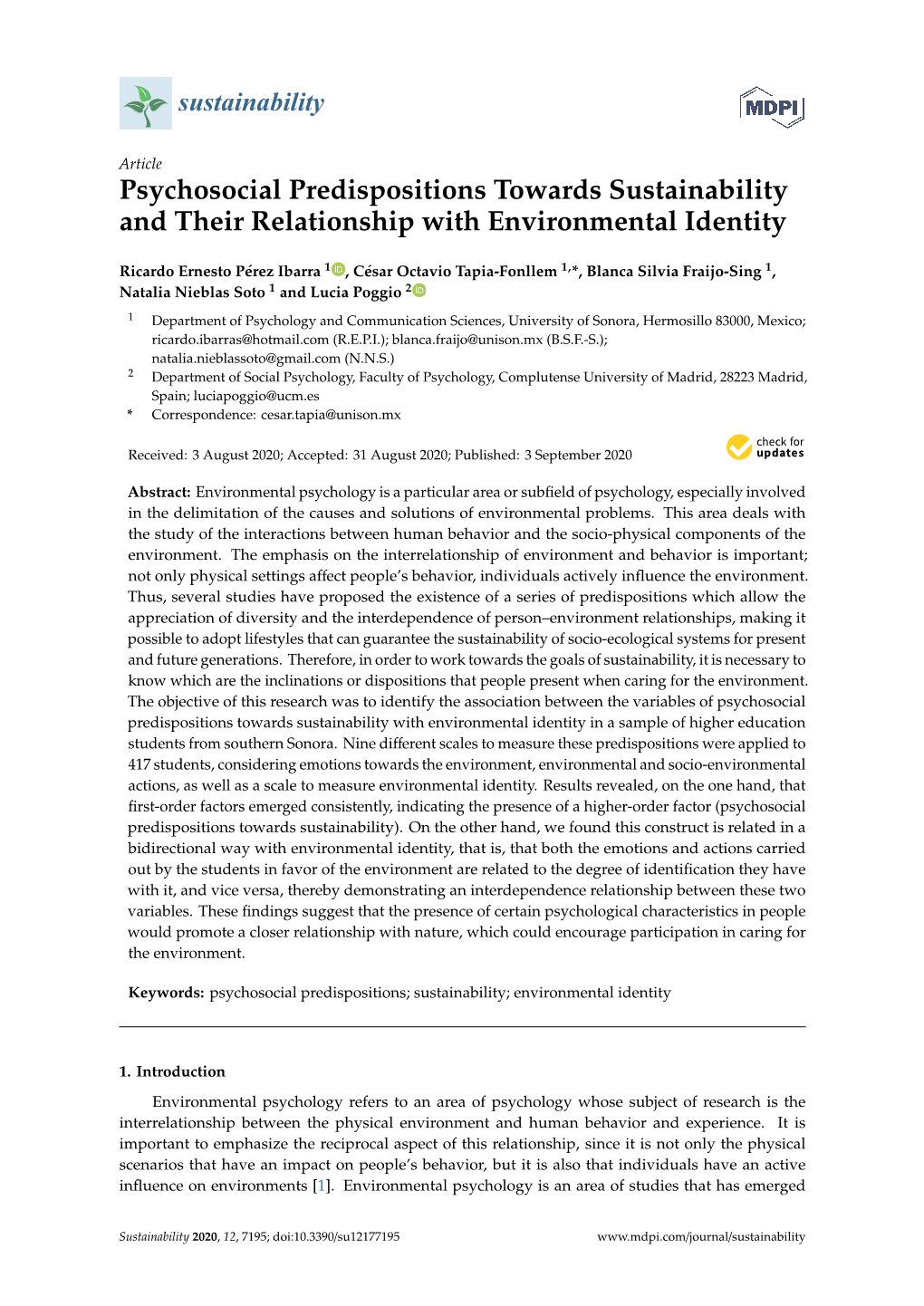 Psychosocial Predispositions Towards Sustainability and Their Relationship with Environmental Identity