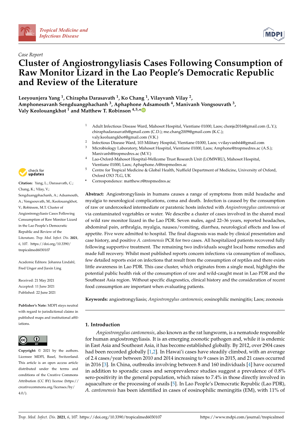 Cluster of Angiostrongyliasis Cases Following Consumption of Raw Monitor Lizard in the Lao People’S Democratic Republic and Review of the Literature