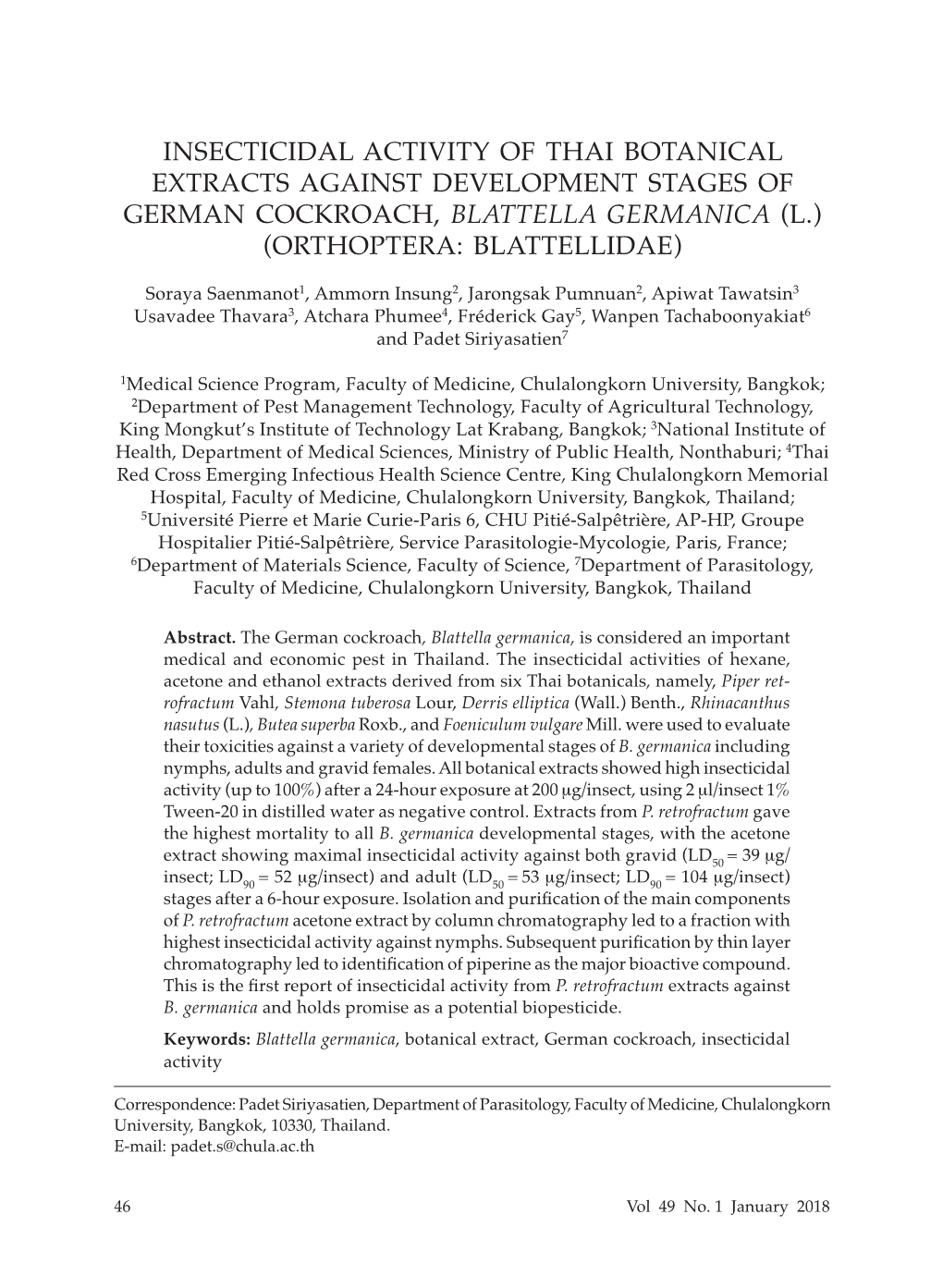 Insecticidal Activity of Thai Botanical Extracts Against Development Stages of German Cockroach, Blattella Germanica (L.) (Orthoptera: Blattellidae)