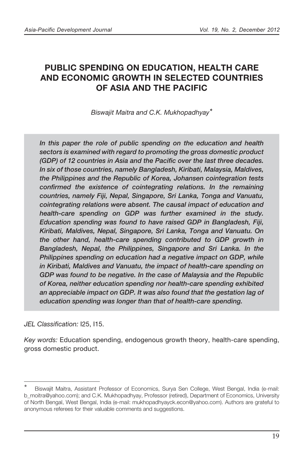 Public Spending on Education, Health Care and Economic Growth in Selected Countries of Asia and the Pacific