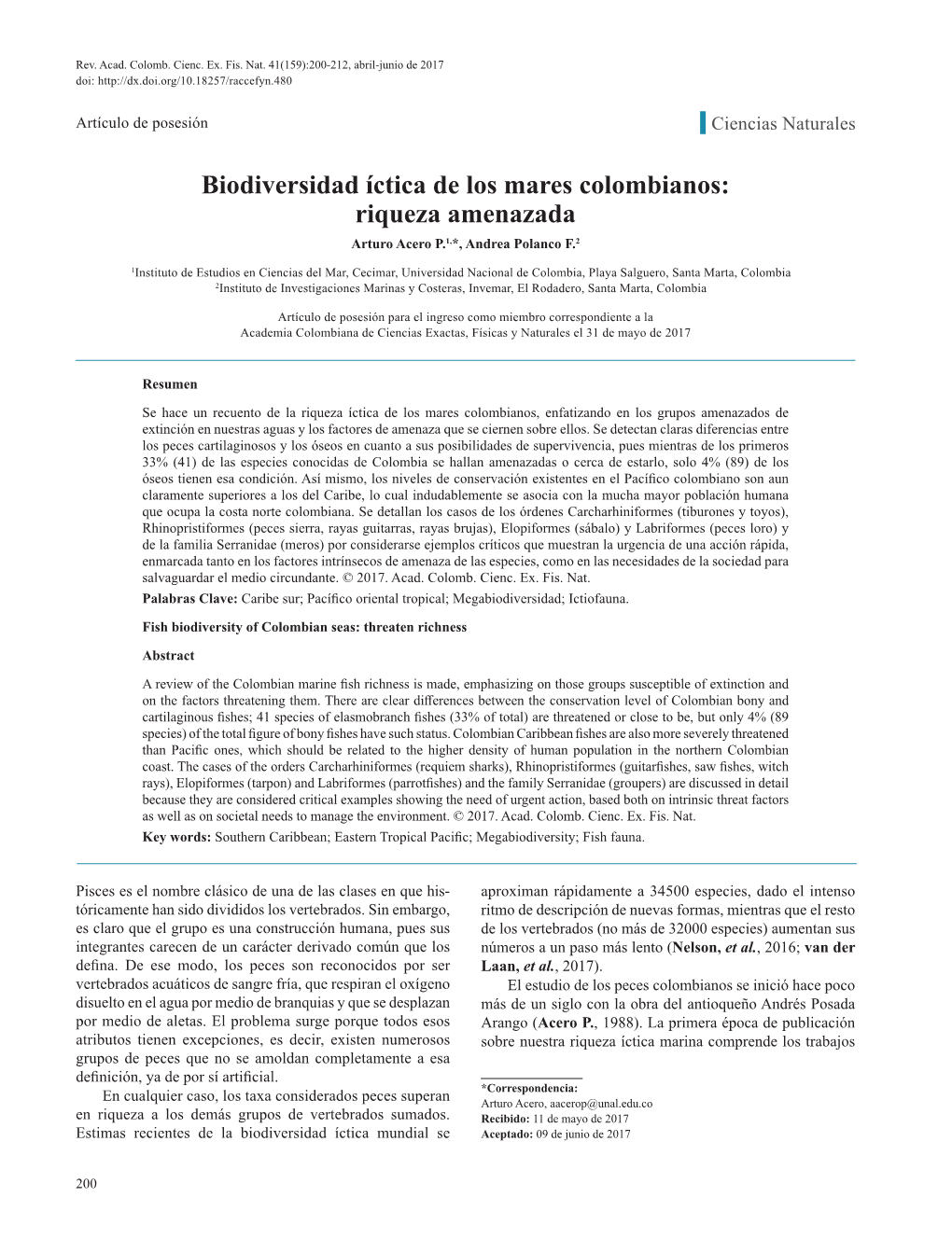 Biodiversidad Íctica De Los Mares Colombianos: Riqueza Amenazada Arturo Acero P.1,*, Andrea Polanco F.2