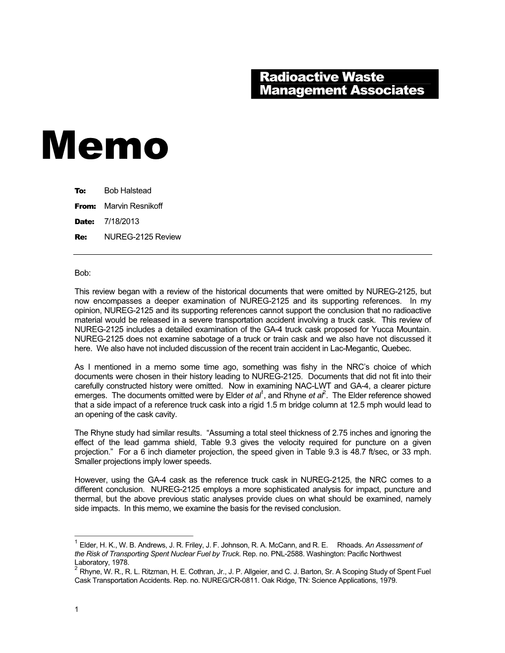 Radioactive Waste Management Associates Memo