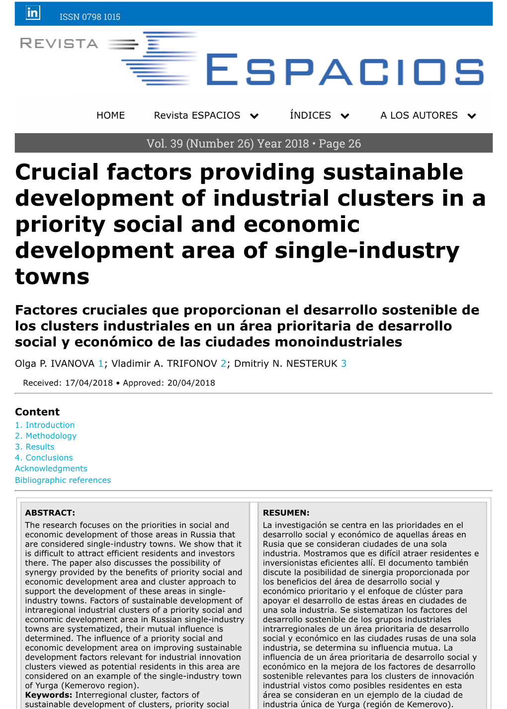 Crucial Factors Providing Sustainable Development of Industrial Clusters in a Priority Social and Economic Development Area of Single-Industry Towns