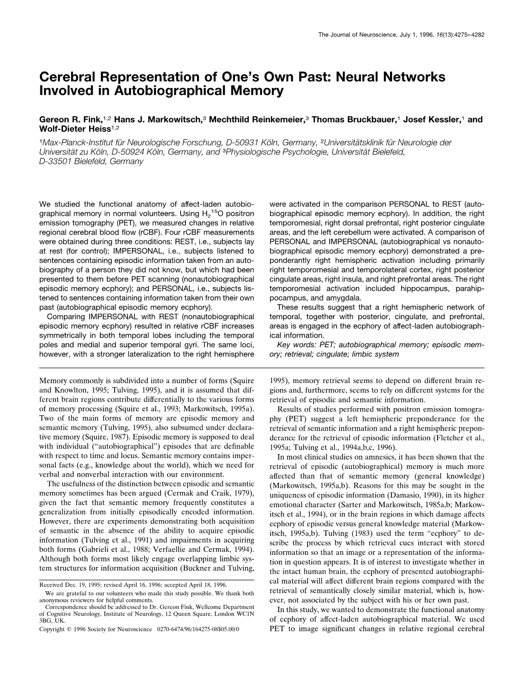 Neural Networks Involved in Autobiographical Memory