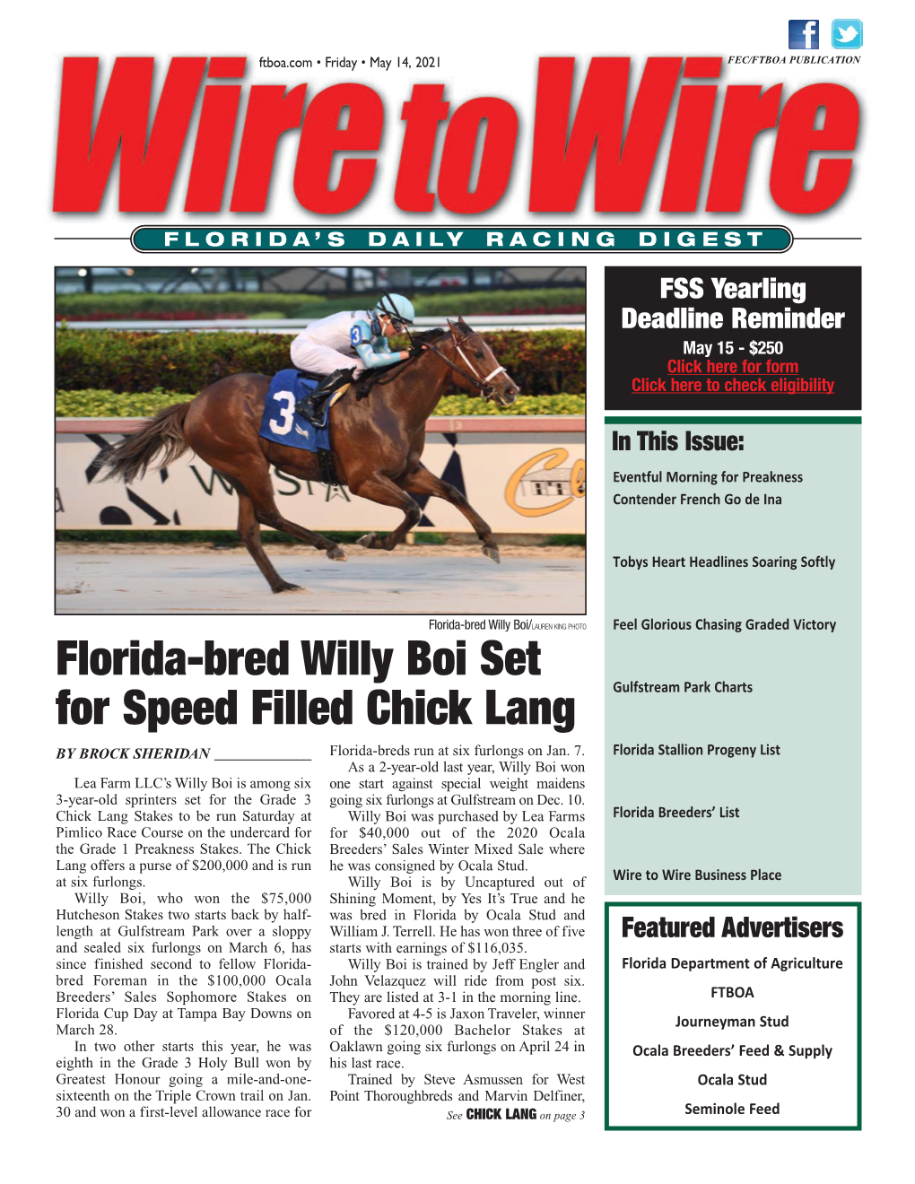 Florida-Bred Willy Boi Set for Speed Filled Chick Lang Gulfstream Park Charts