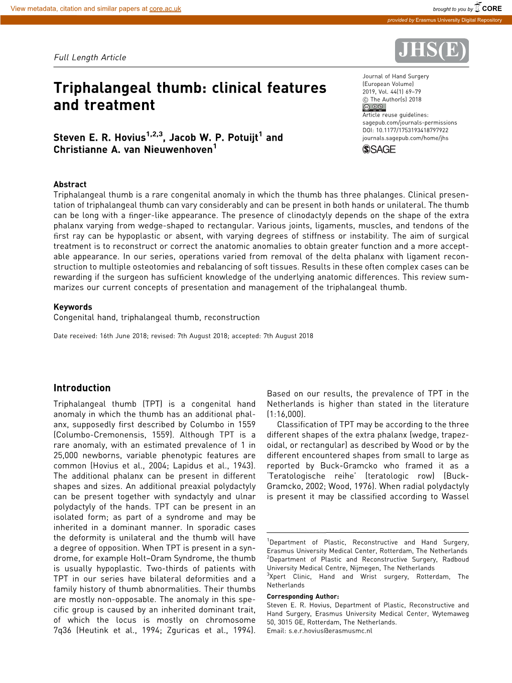 Triphalangeal Thumb: Clinical Features and Treatment