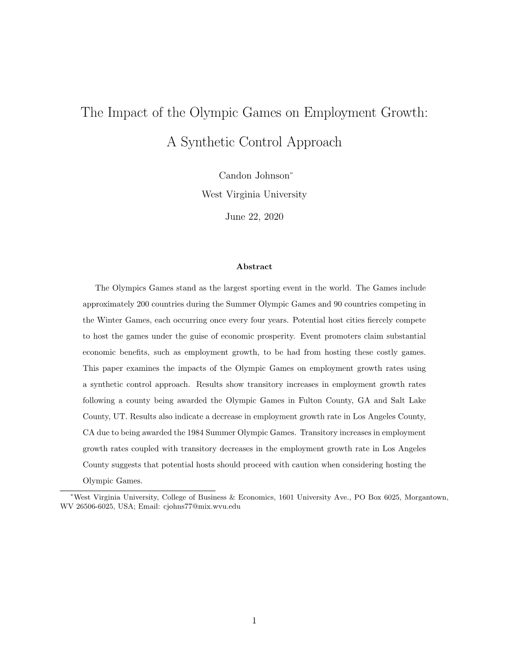 The Impact of the Olympic Games on Employment Growth: A