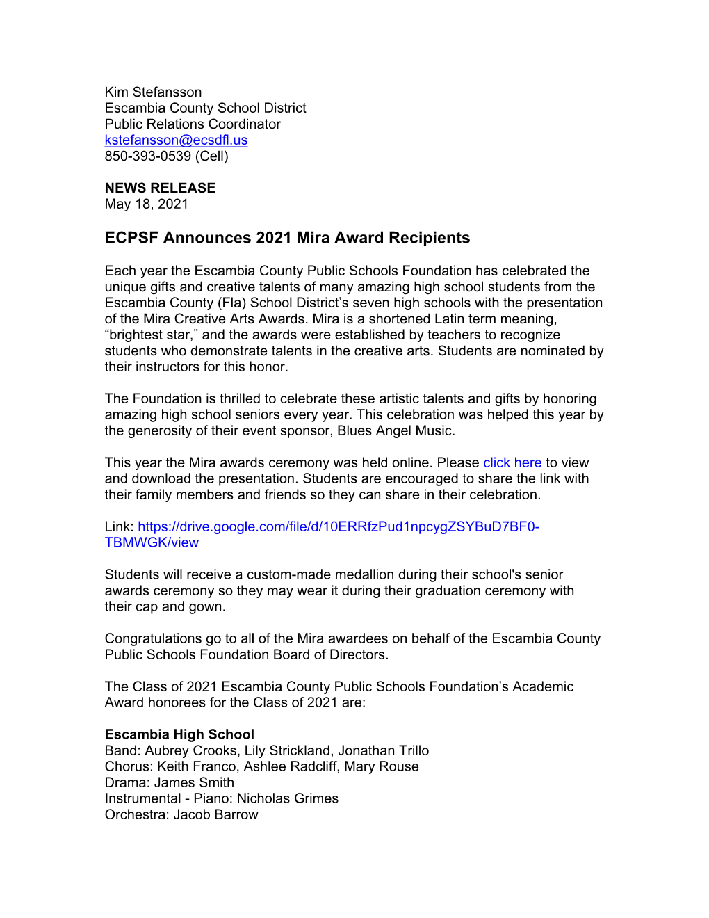 ECPSF Announces 2021 Mira Award Recipients