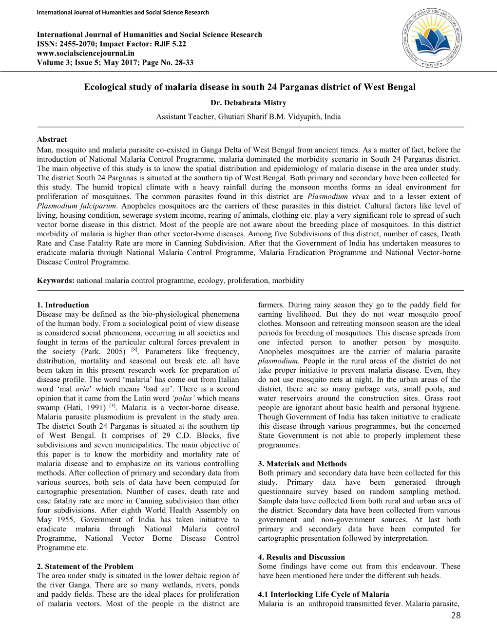 28 Ecological Study of Malaria Disease in South 24 Parganas District Of