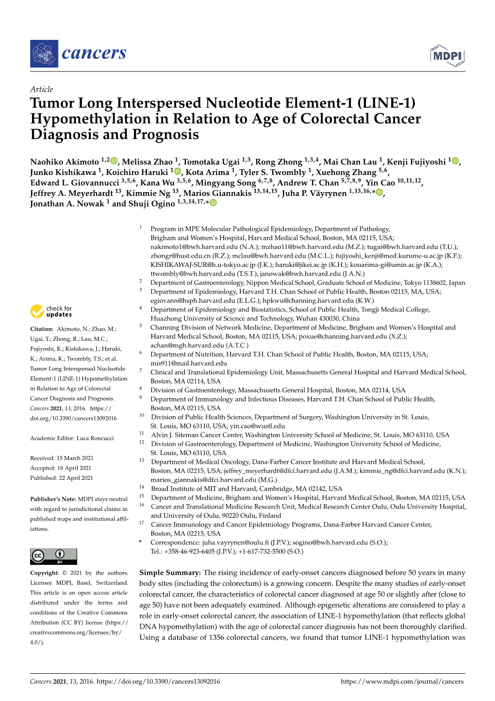 Hypomethylation in Relation to Age of Colorectal Cancer Diagnosis and Prognosis