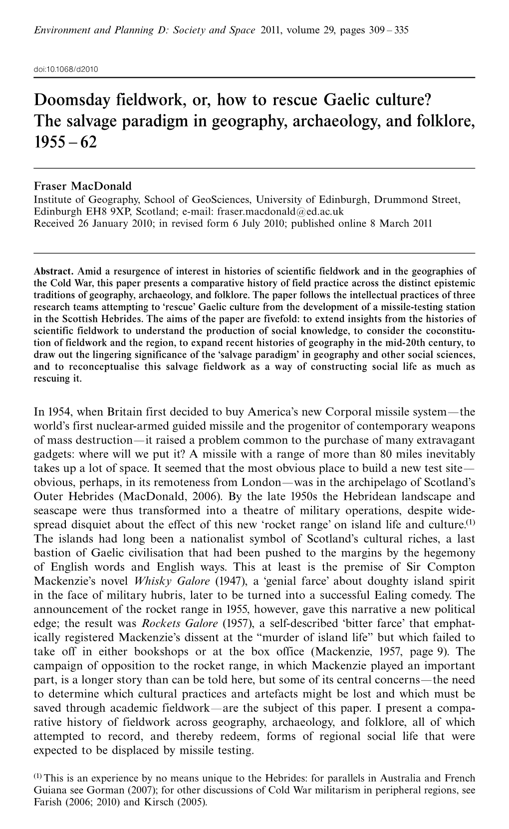 Doomsday Fieldwork, Or, How to Rescue Gaelic Culture? the Salvage Paradigm in Geography, Archaeology, and Folklore, 1955 ^ 62