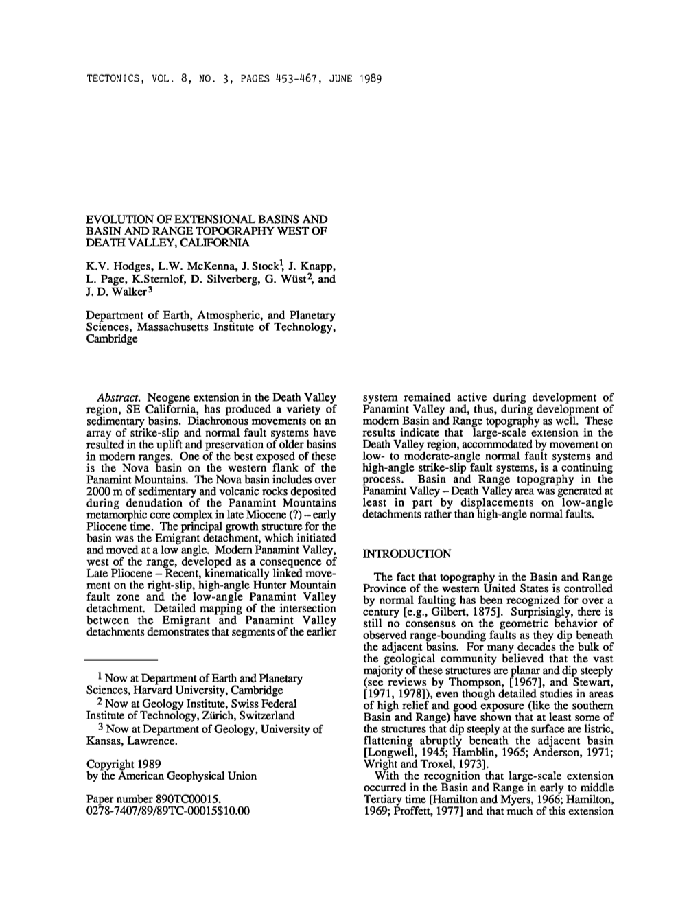 Evolution of Extensional Basins and Basin and Range Topography West of Death Valley, California K.V