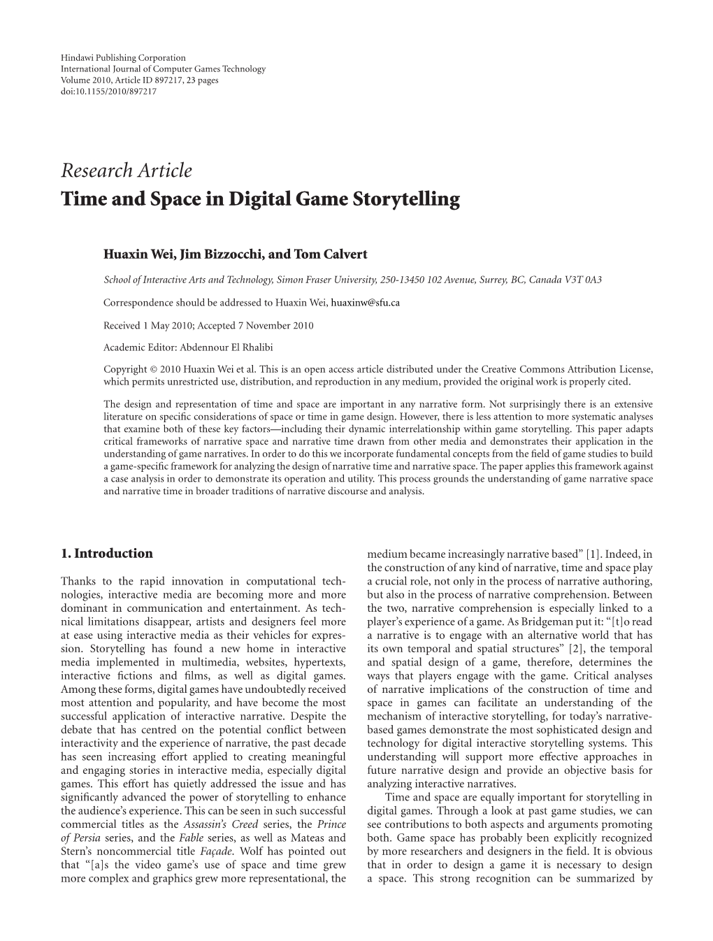 Research Article Time and Space in Digital Game Storytelling