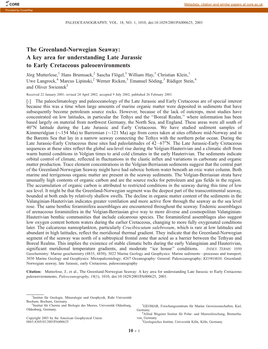 Norwegian Seaway: a Key Area for Understanding Late Jurassic to Early Cretaceous Paleoenvironments