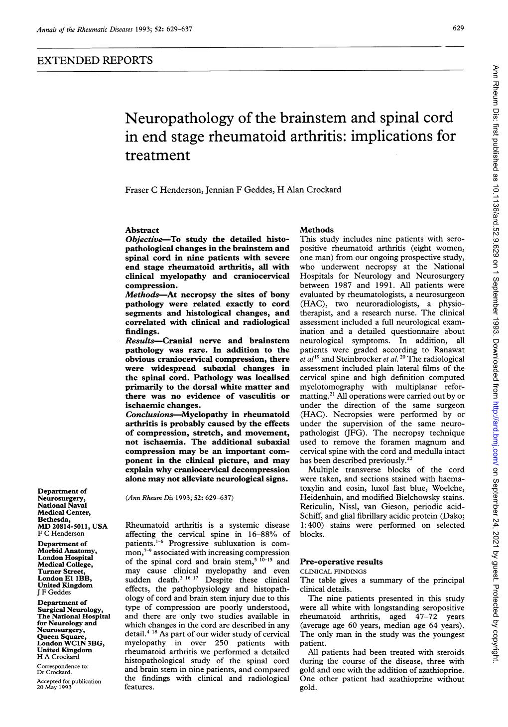 Neuropathology of the Brainstem and Spinal Cord in End Stage Rheumatoid Arthritis: Implications for Treatment