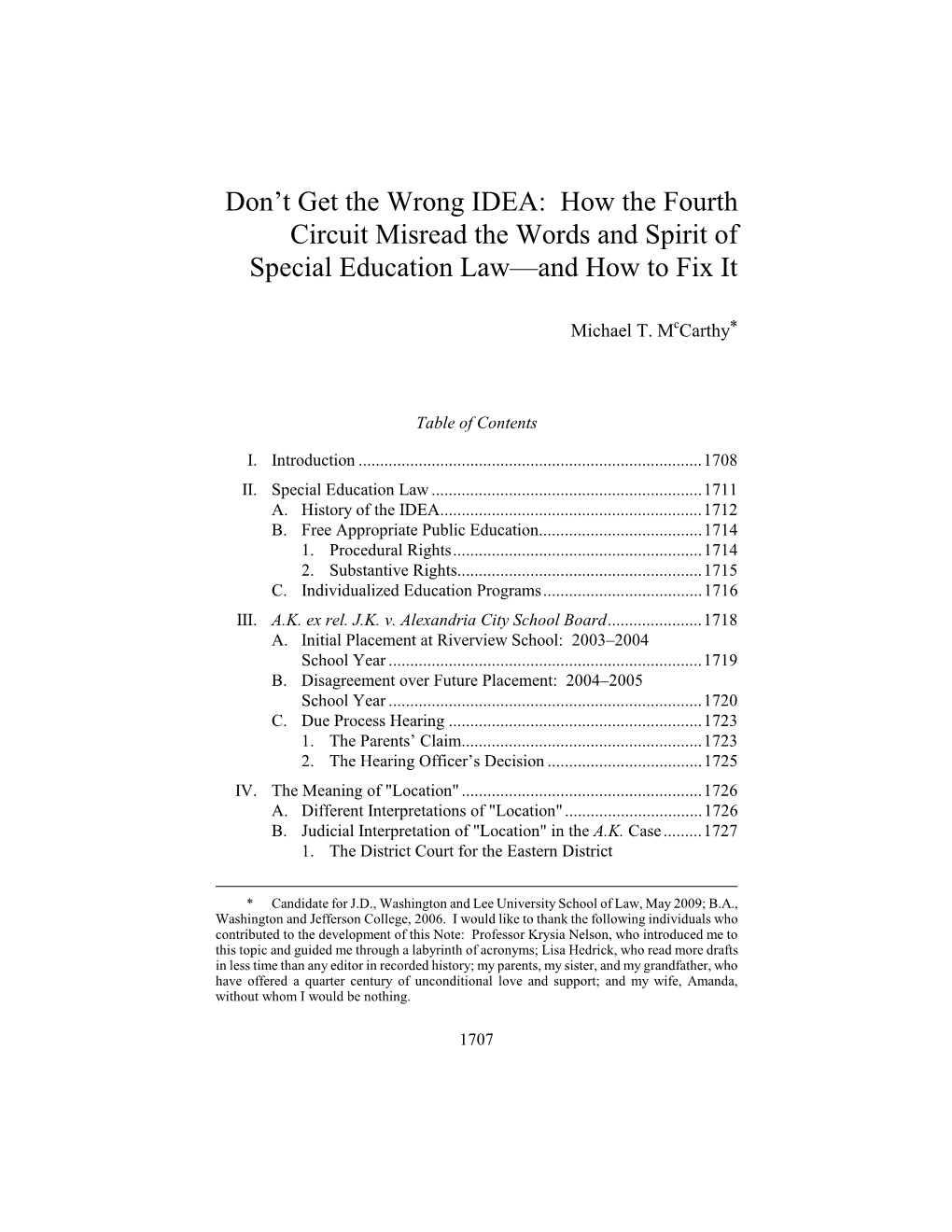 Don't Get the Wrong IDEA: How the Fourth Circuit Misread the Words and Spirit of Special Education Law—And How to Fix It